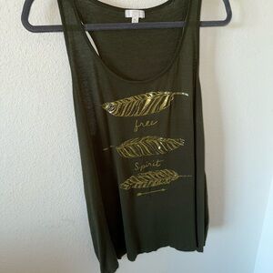 Charming Charlie Olive Tank Top with Gold Feather Print